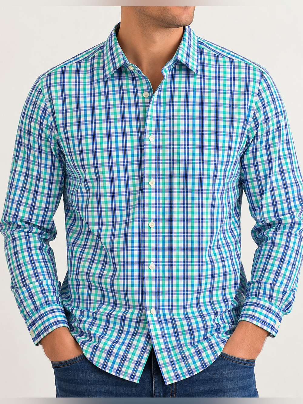 Tommy Hilfiger Men’s XXL Plaid Button Down Shirt Blue Green White Long Sleeve